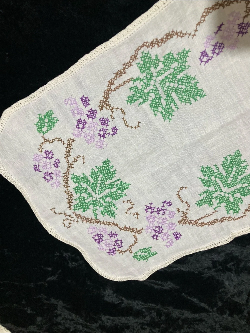 Embroidered Linen Runner with Green and Purple Motif 38x13”